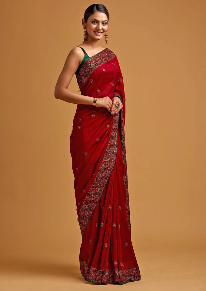 Vichitra Silk Heavy Embroidred work Saree with Unstitched Blouse Piece Trendmalls