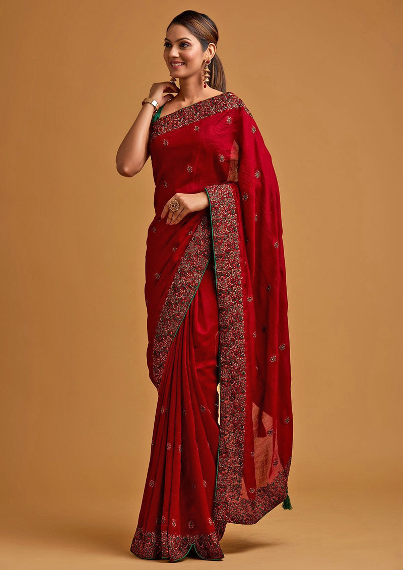 Women's Vichitra Silk Heavy Embroidred work Saree with Unstitched Blouse Piece