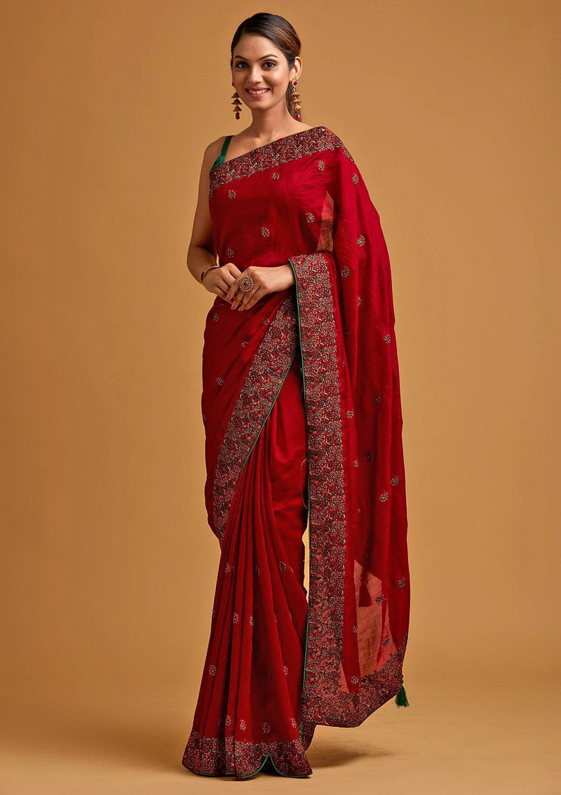 Women's Vichitra Silk Heavy Embroidred work Saree with Unstitched Blouse Piece