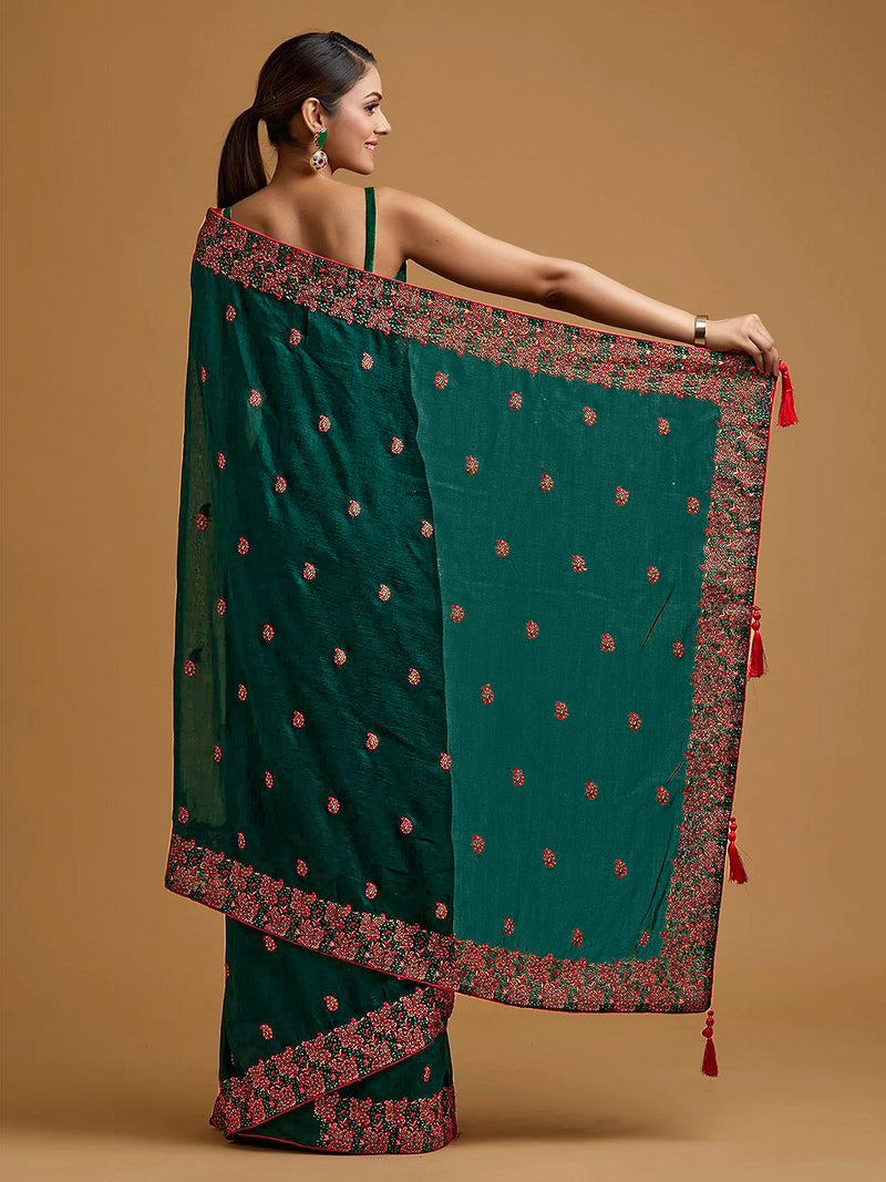 Women's Vichitra Silk Heavy Embroidred work Saree with Unstitched Blouse Piece