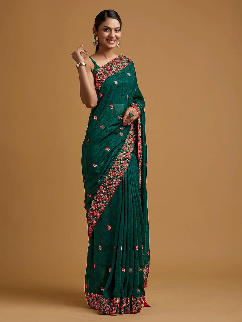 Women's Vichitra Silk Heavy Embroidred work Saree with Unstitched Blouse Piece