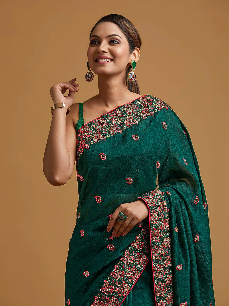 Women's Vichitra Silk Heavy Embroidred work Saree with Unstitched Blouse Piece
