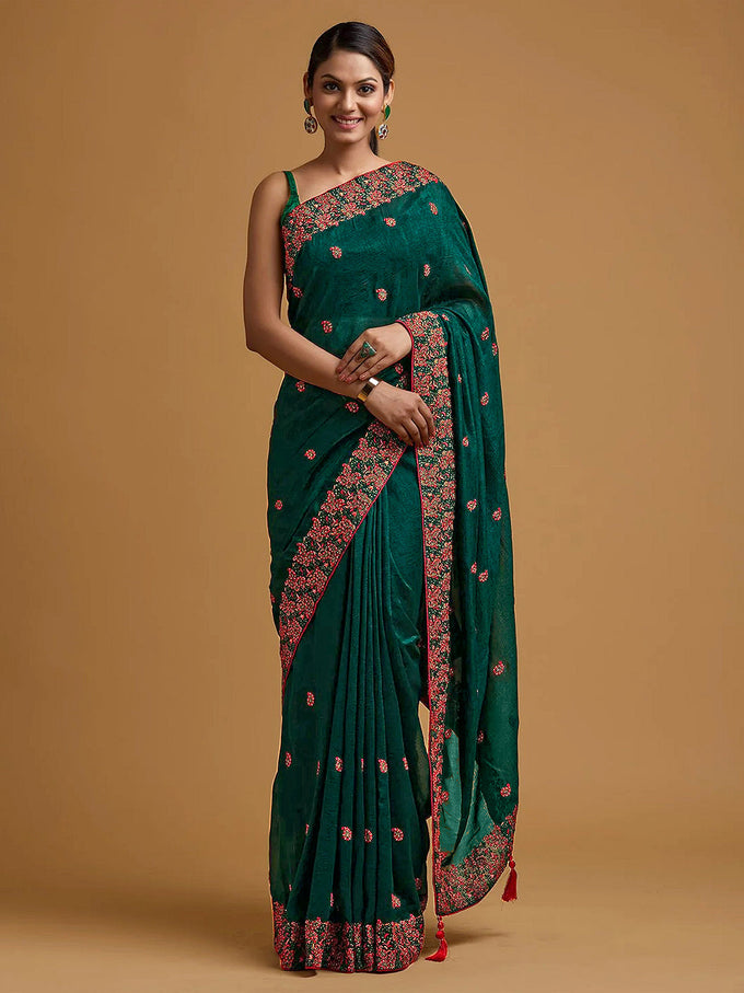 Vichitra Silk Heavy Embroidred work Saree with Unstitched Blouse Piece Trendmalls