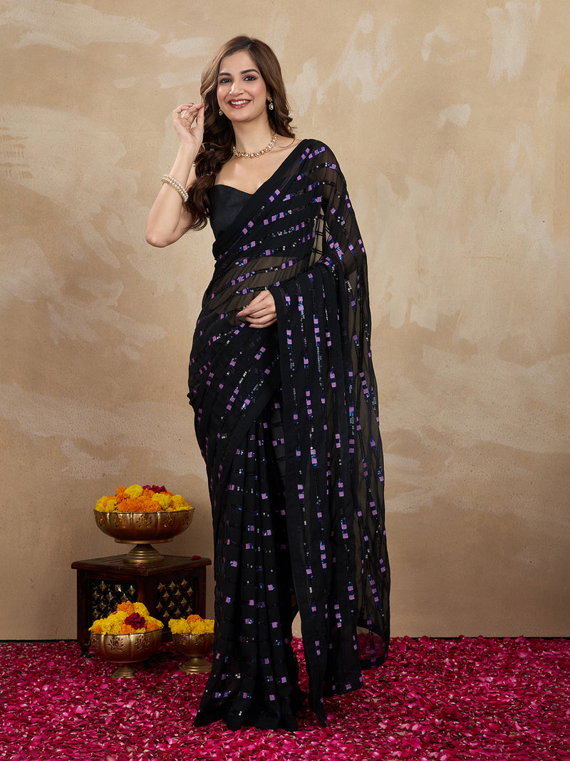 Women's Georgette Sequence Embroidery Work Saree with Blouse Piece