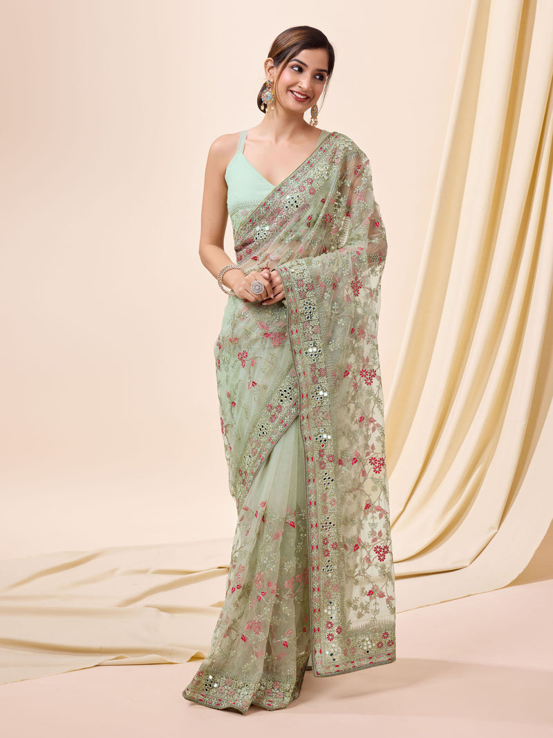 Women's Net Embroidery work Saree with Unstitched Blouse Piece