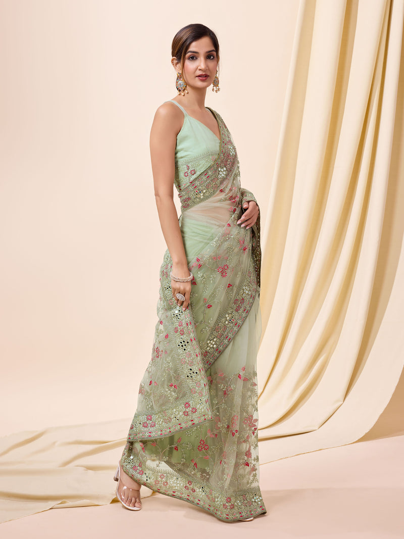 Women's Net Embroidery work Saree with Unstitched Blouse Piece