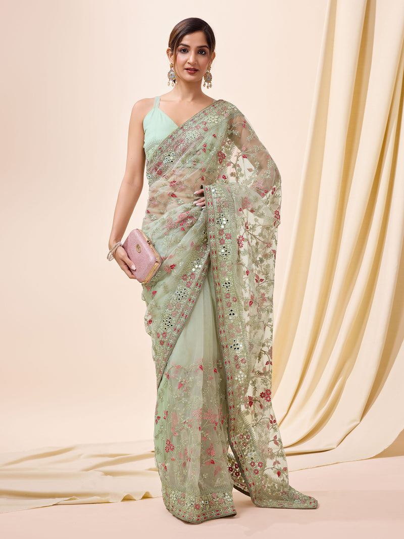 Women's Net Embroidery work Saree with Unstitched Blouse Piece
