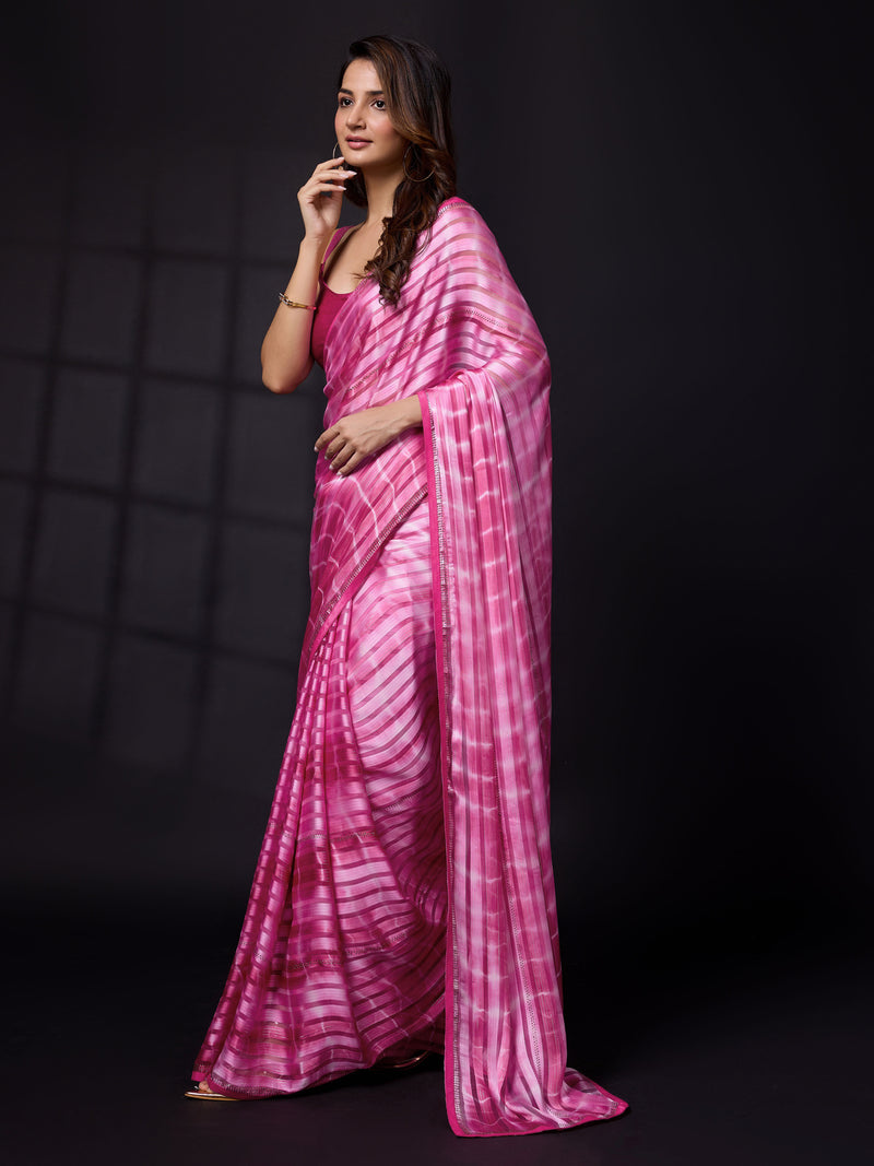 Women's Satin Blooming Siroski Work Saree with Blouse Piece