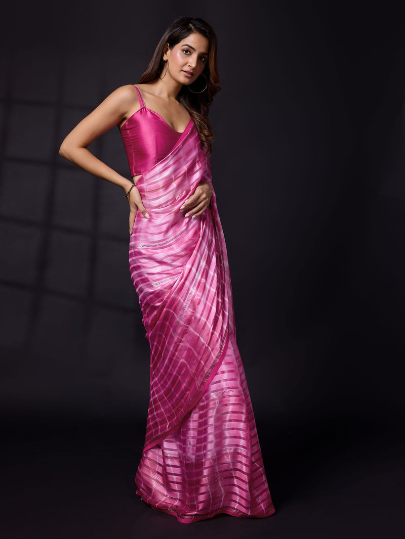 Women's Satin Blooming Siroski Work Saree with Blouse Piece