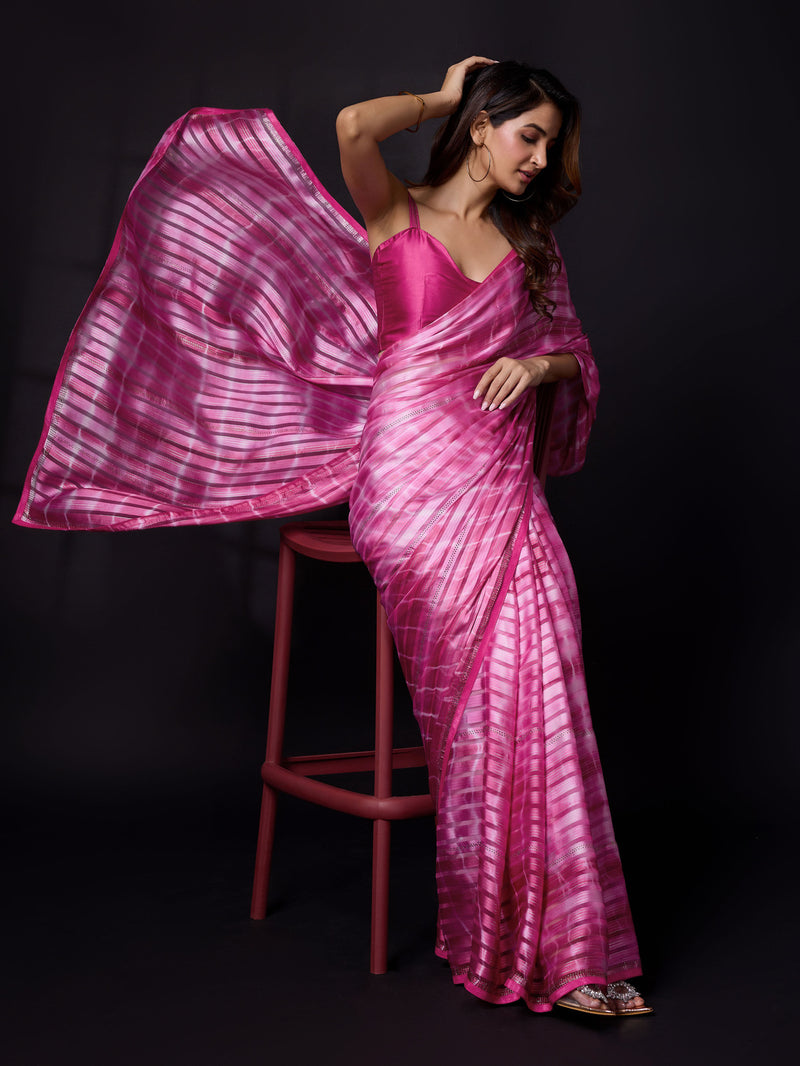 Women's Satin Blooming Siroski Work Saree with Blouse Piece