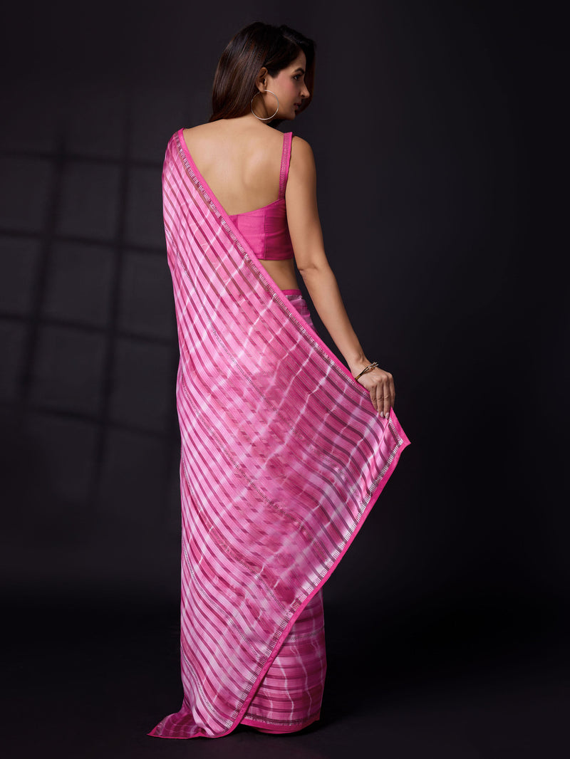 Women's Satin Blooming Siroski Work Saree with Blouse Piece