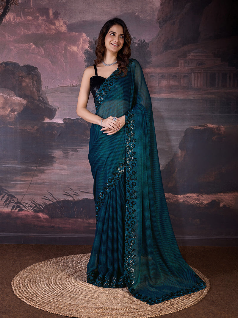 Women's Chiffon Embroidered Border Saree with Blouse Piece