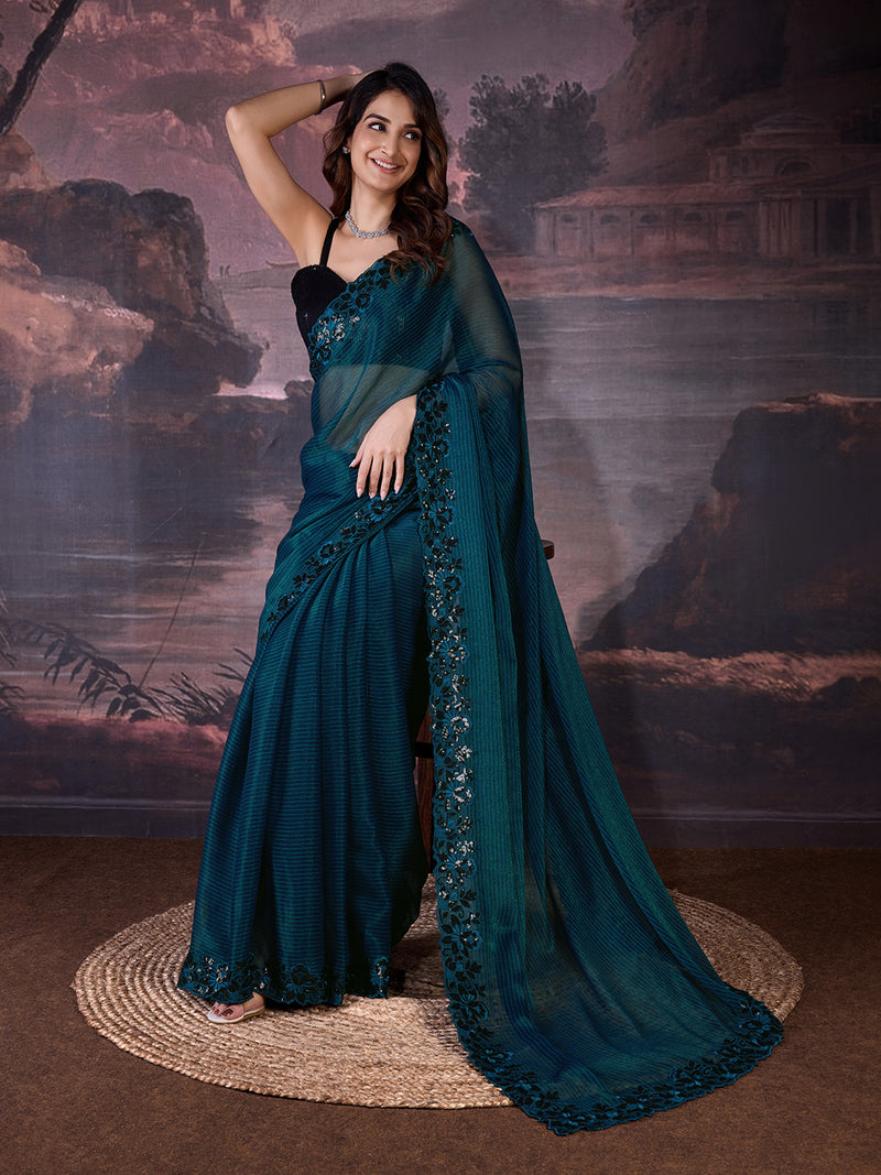 Women's Chiffon Embroidered Border Saree with Blouse Piece