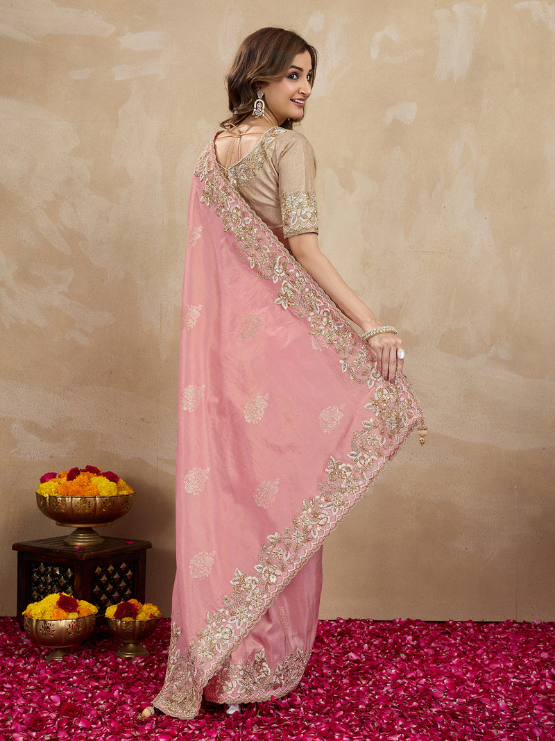 Women's Jacquard Silk Embroidery Sequin Work Saree with Unstitch Blouse Piece