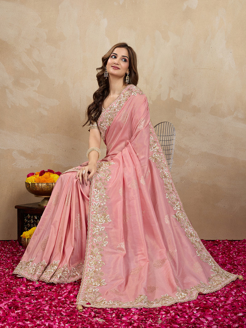 Women's Jacquard Silk Embroidery Sequin Work Saree with Unstitch Blouse Piece