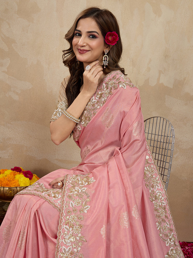 Women's Jacquard Silk Embroidery Sequin Work Saree with Unstitch Blouse Piece