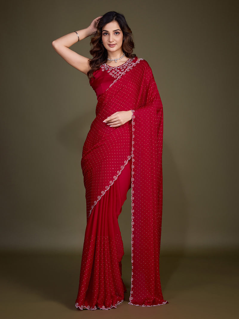 Women's Satin Silk Siroski Zarkan Work Saree with Unstitch Blouse Piece