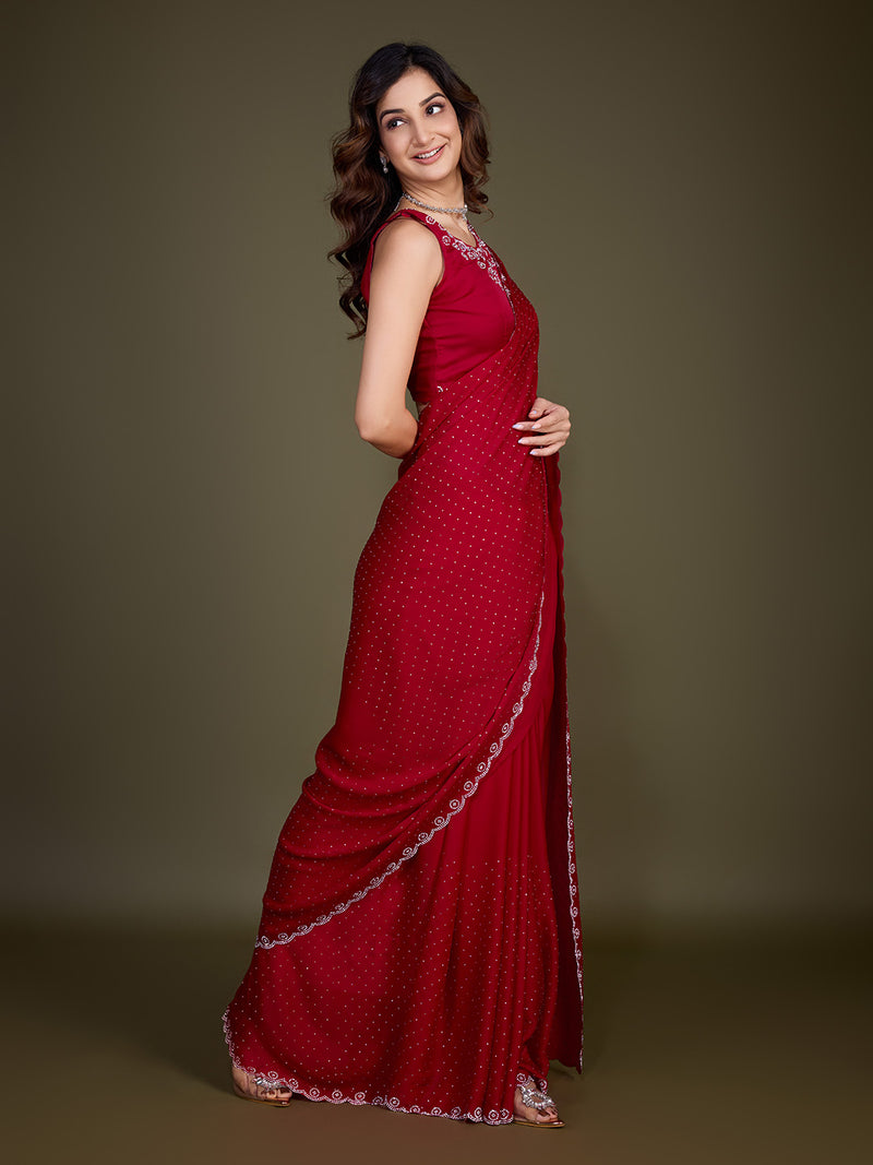 Women's Satin Silk Siroski Zarkan Work Saree with Unstitch Blouse Piece