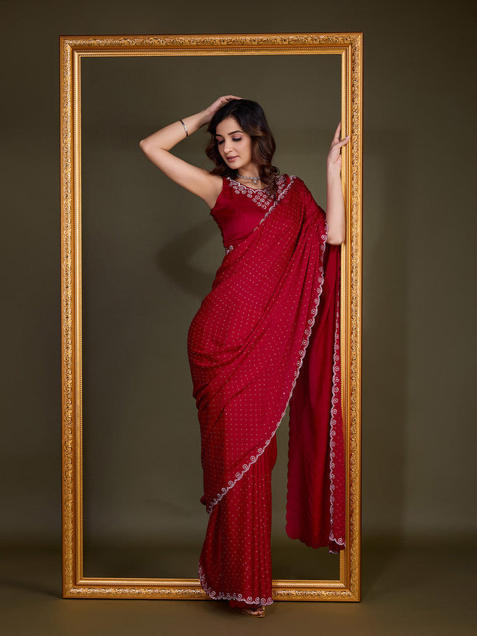 Women's Satin Silk Siroski Zarkan Work Saree with Unstitch Blouse Piece Trendmalls