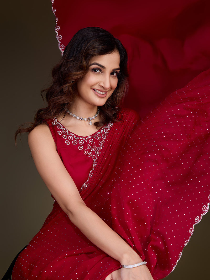 Women's Satin Silk Siroski Zarkan Work Saree with Unstitch Blouse Piece
