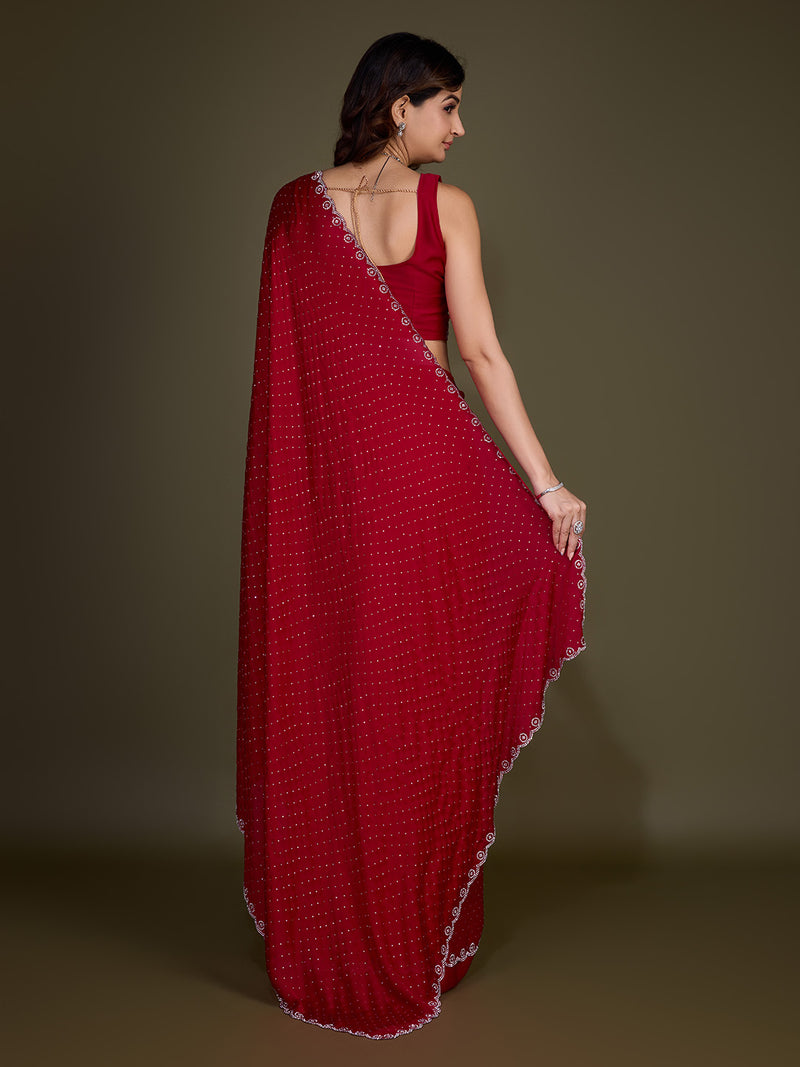 Women's Satin Silk Siroski Zarkan Work Saree with Unstitch Blouse Piece