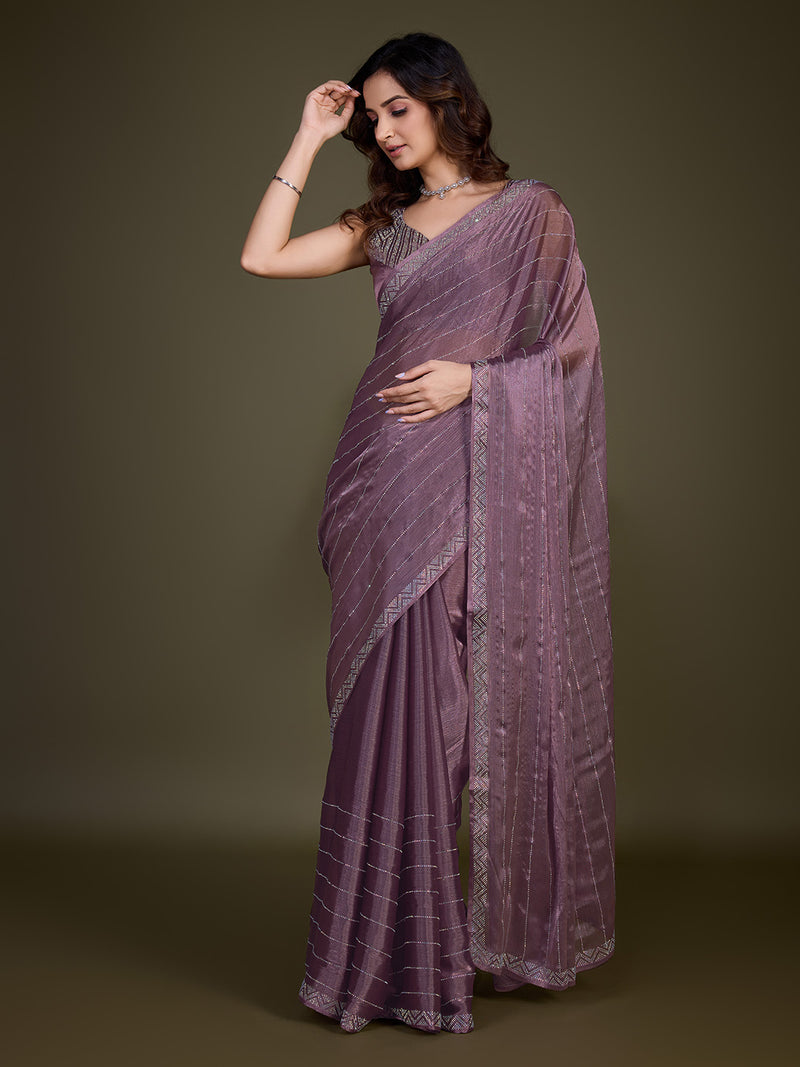 Women's Light Purple Organza Siroski work Saree with Unstitched Blouse Piece