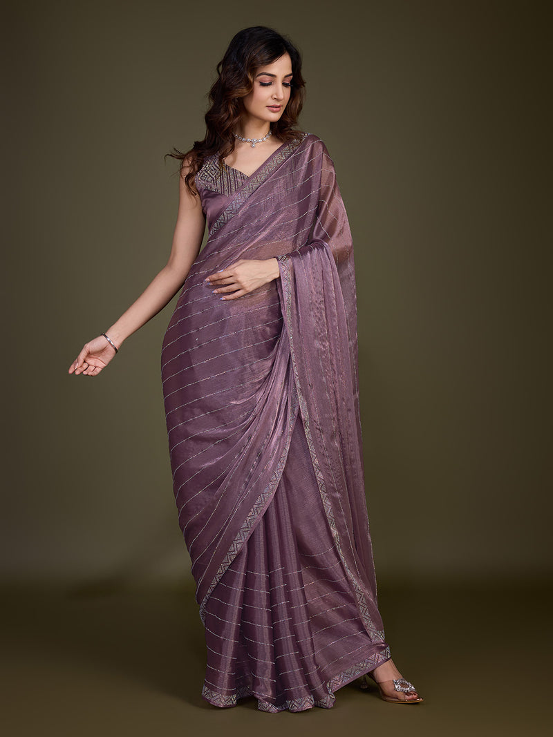 Women's Light Purple Organza Siroski work Saree with Unstitched Blouse Piece