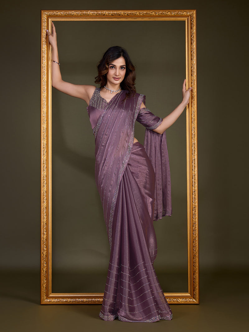 Women's Light Purple Organza Siroski work Saree with Unstitched Blouse Piece