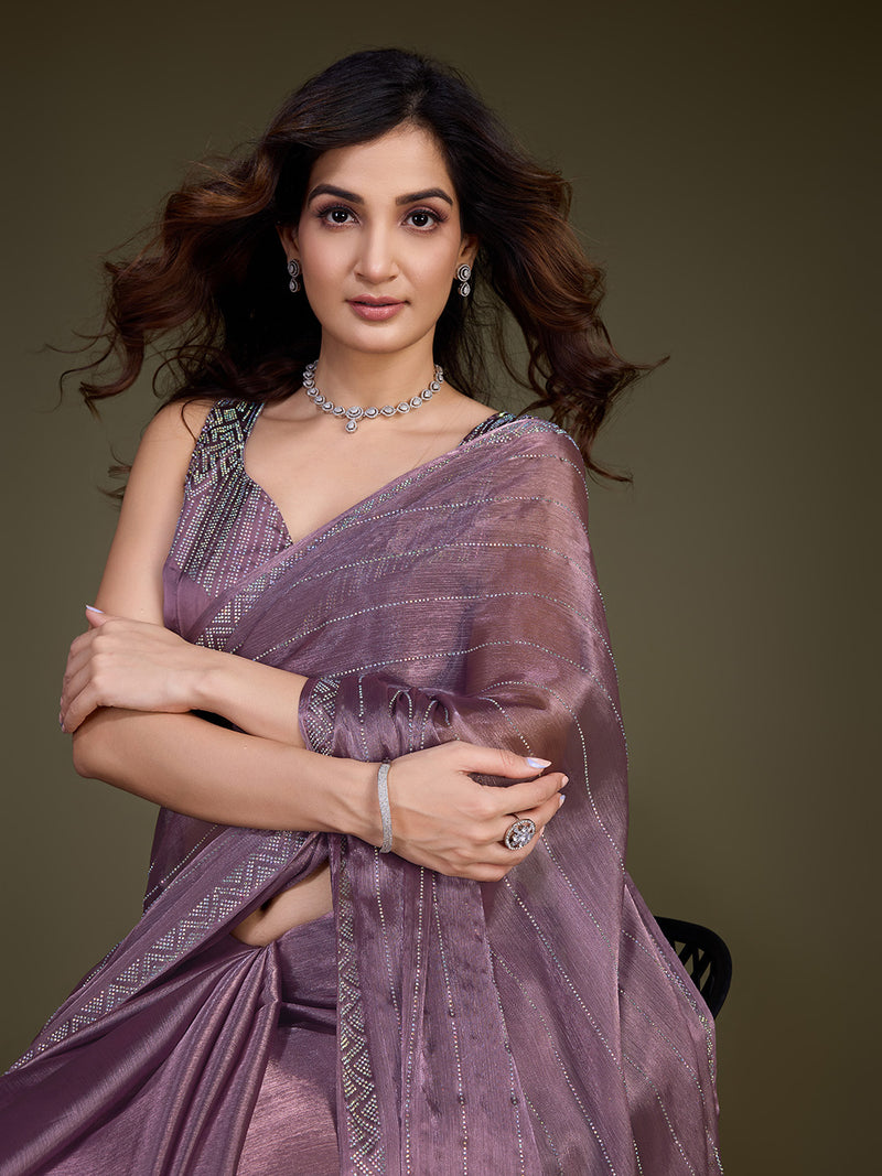 Women's Light Purple Organza Siroski work Saree with Unstitched Blouse Piece