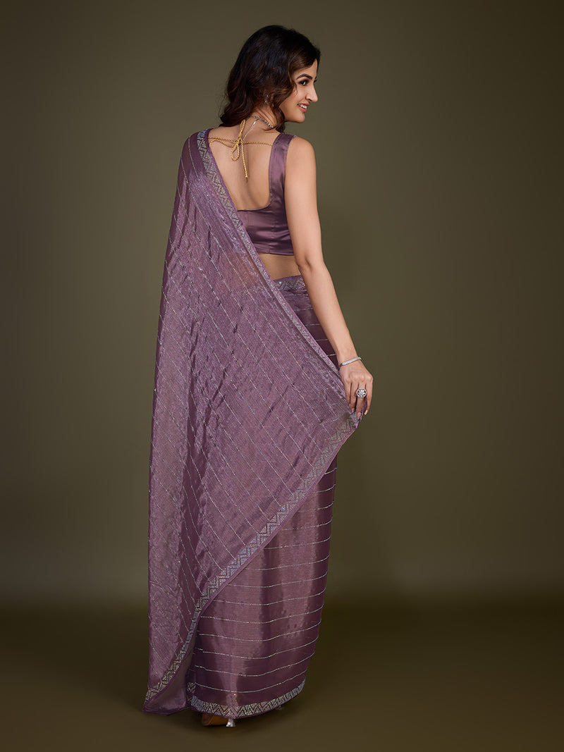 Women's Light Purple Organza Siroski work Saree with Unstitched Blouse Piece
