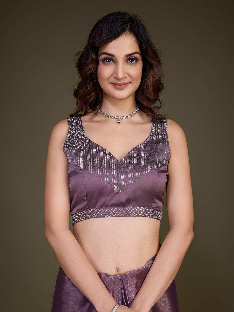 Women's Light Purple Organza Siroski work Saree with Unstitched Blouse Piece
