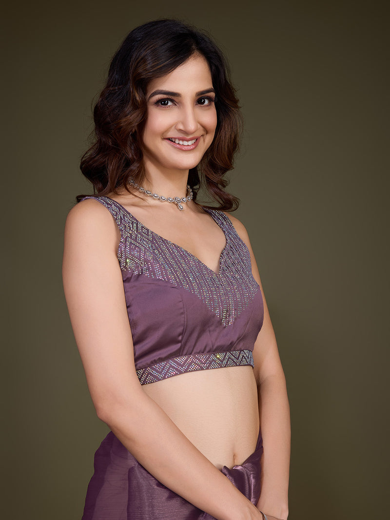 Women's Light Purple Organza Siroski work Saree with Unstitched Blouse Piece