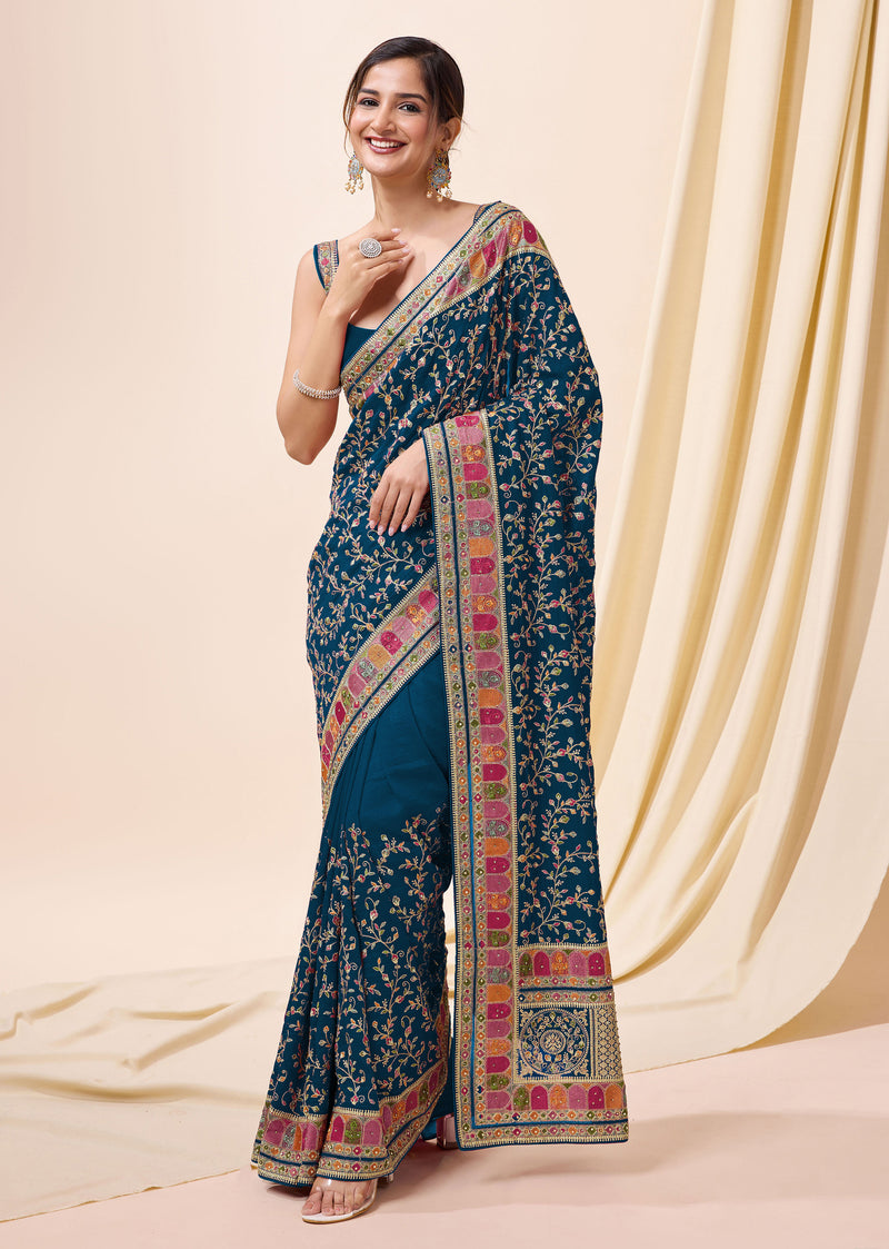 Women's Vichitra Silk Embroidery, Siroski Stone Work Saree with Unstitch Blouse Piece