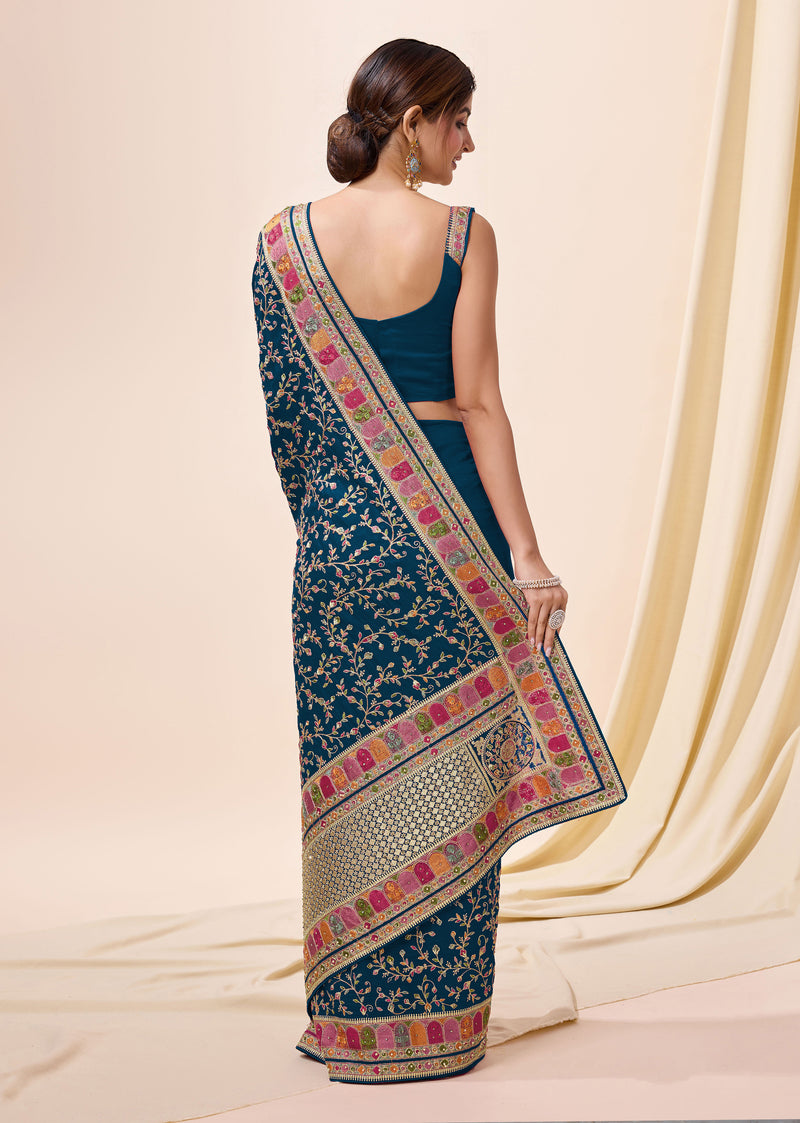 Women's Vichitra Silk Embroidery, Siroski Stone Work Saree with Unstitch Blouse Piece