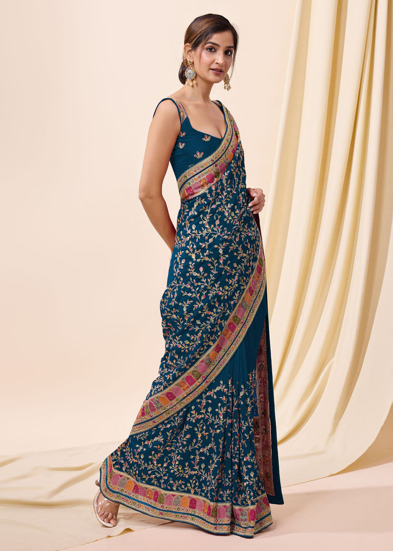 Women's Vichitra Silk Embroidery, Siroski Stone Work Saree with Unstitch Blouse Piece