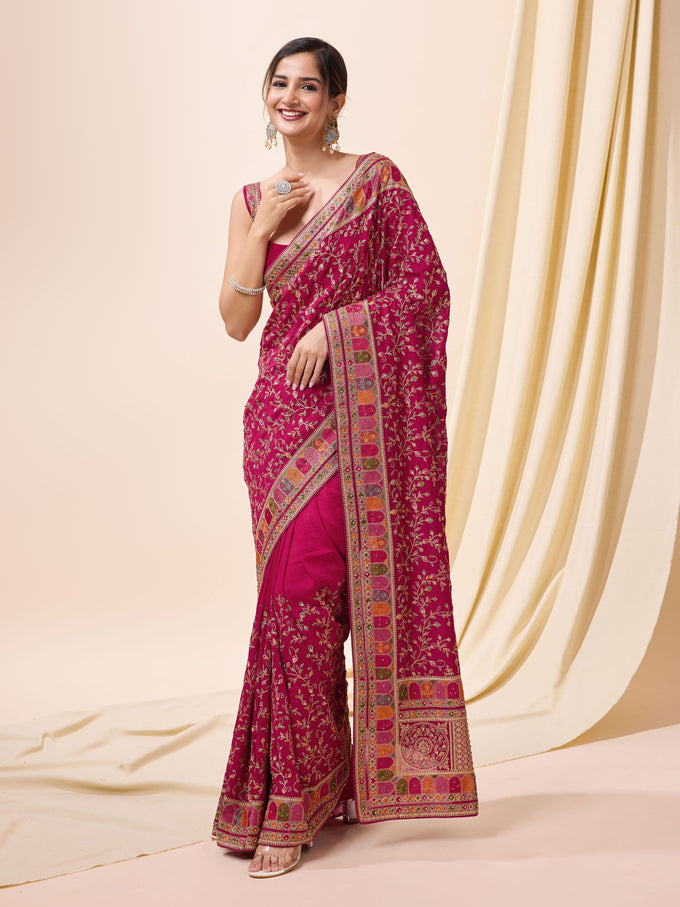 Vichitra Silk Embroidery, Siroski Stone Work Saree with Unstitch Blouse Piece For Women's Trendmalls