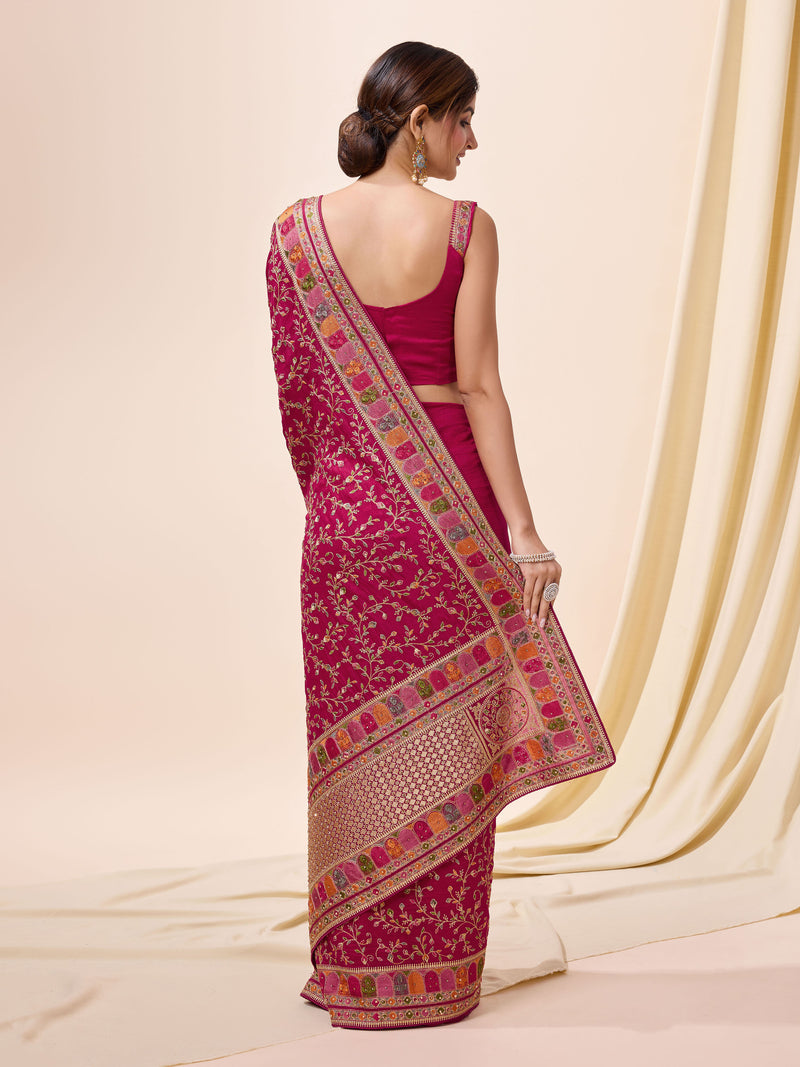 Women's Vichitra Silk Embroidery, Siroski Stone Work Saree with Unstitch Blouse Piece