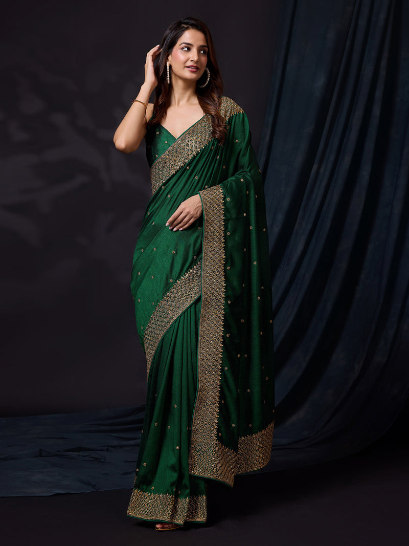 Women's Darkgreen Vichitra Silk Embroidery Work Saree with Unstitch Blouse Piece