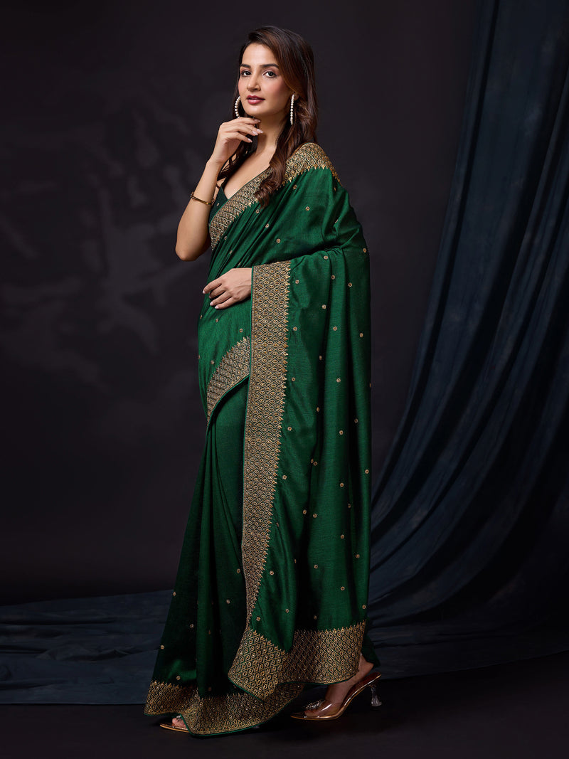 Women's Darkgreen Vichitra Silk Embroidery Work Saree with Unstitch Blouse Piece
