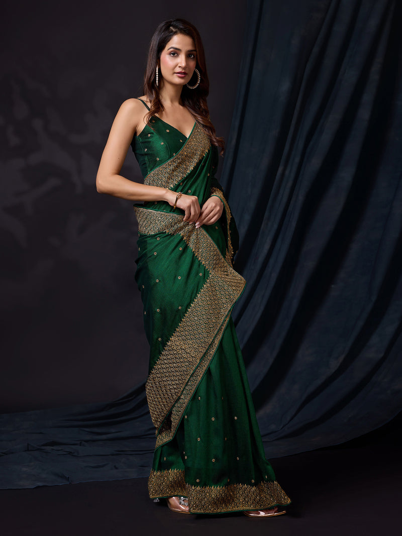 Women's Darkgreen Vichitra Silk Embroidery Work Saree with Unstitch Blouse Piece
