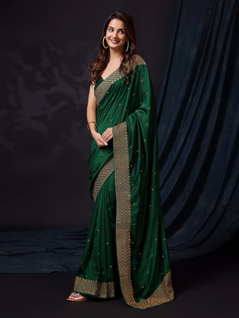 Women's Darkgreen Vichitra Silk Embroidery Work Saree with Unstitch Blouse Piece