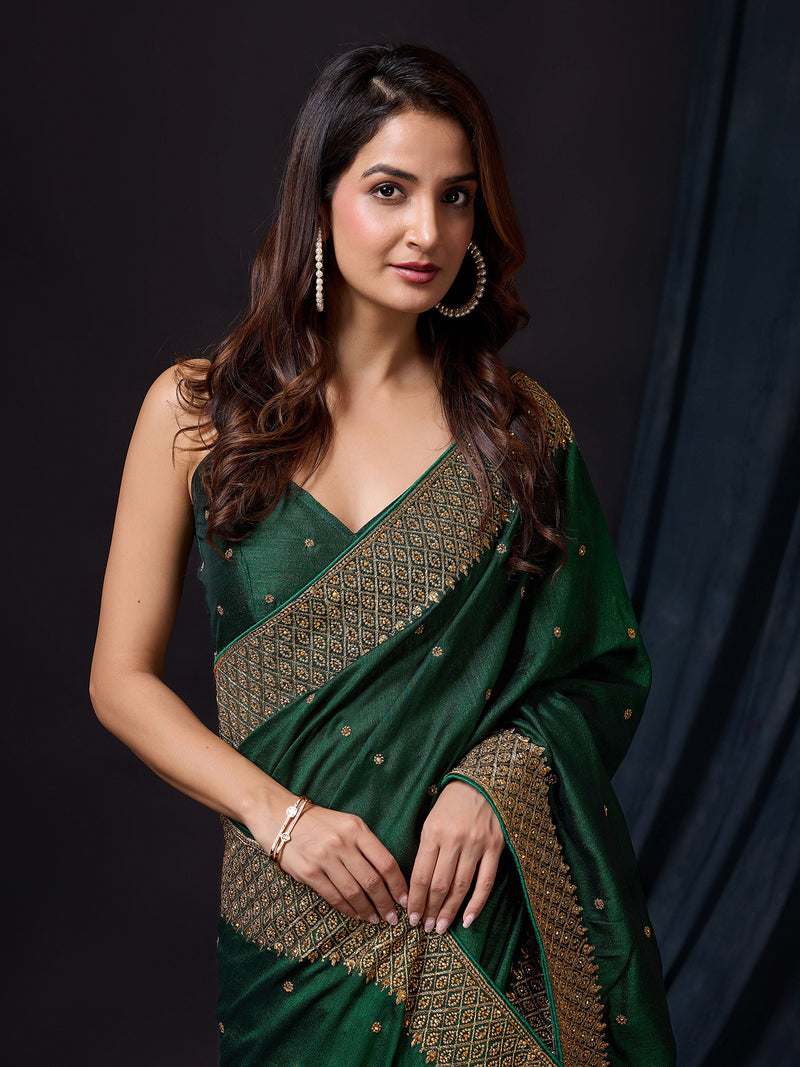 Women's Darkgreen Vichitra Silk Embroidery Work Saree with Unstitch Blouse Piece