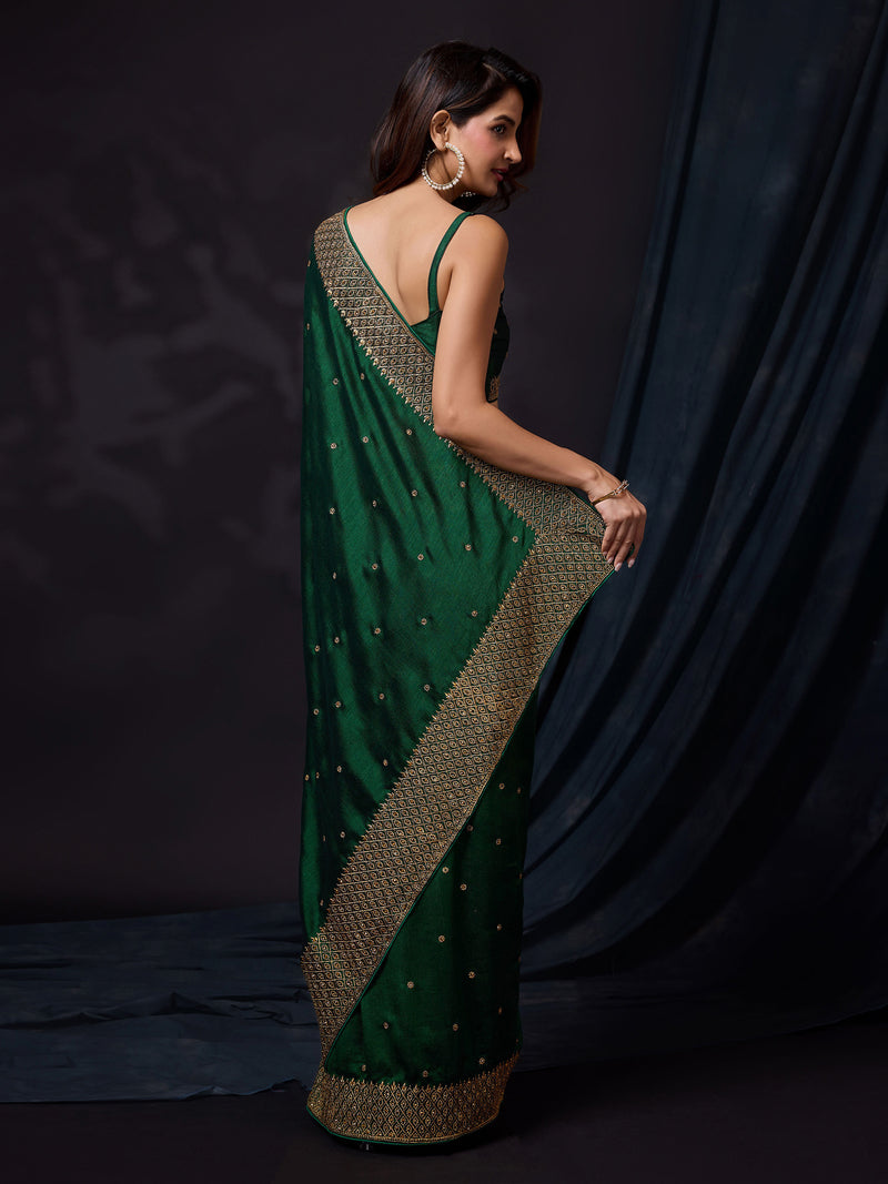 Women's Darkgreen Vichitra Silk Embroidery Work Saree with Unstitch Blouse Piece