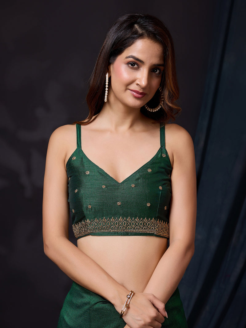 Women's Darkgreen Vichitra Silk Embroidery Work Saree with Unstitch Blouse Piece
