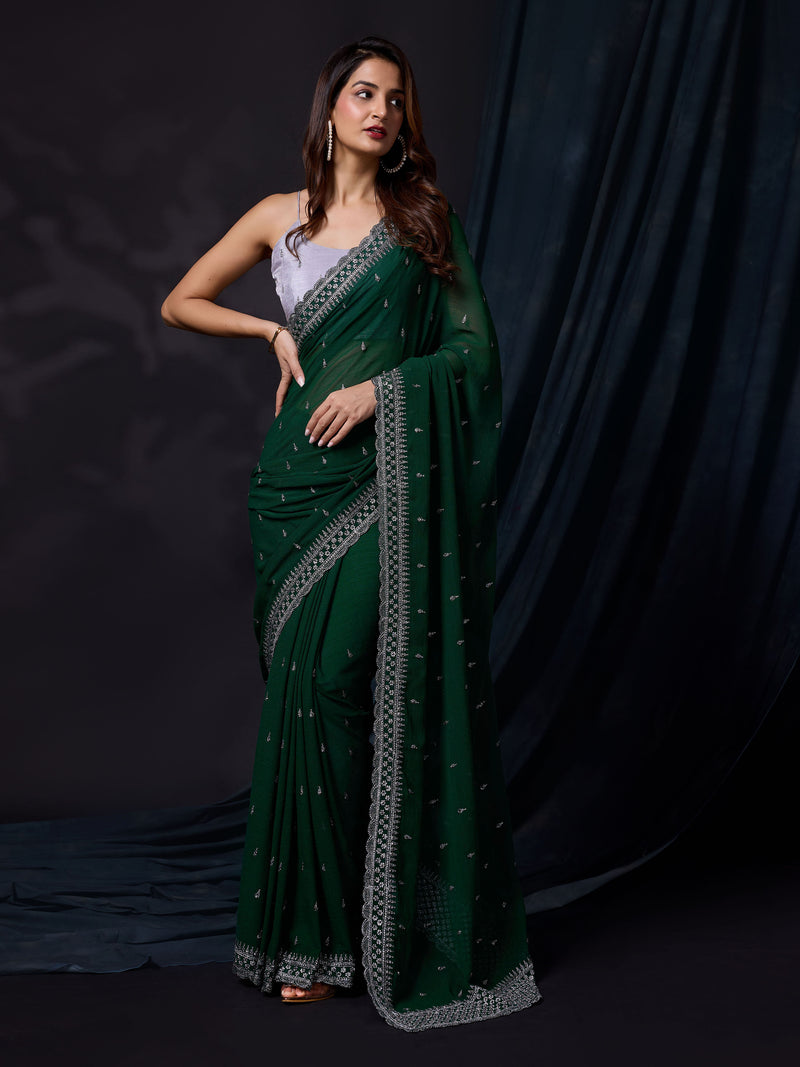 Women's Darkgreen Vichitra Silk Embroidery Work Saree with Unstitch Blouse Piece