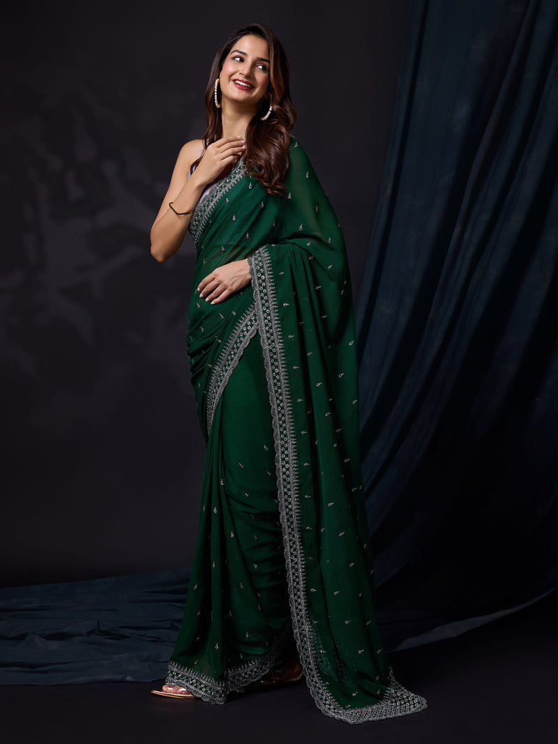 Women's Darkgreen Vichitra Silk Embroidery Work Saree with Unstitch Blouse Piece