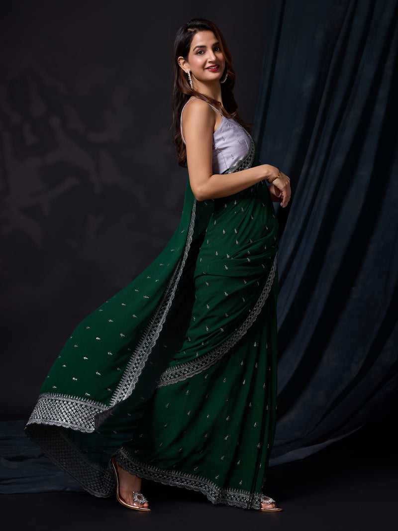 Women's Darkgreen Vichitra Silk Embroidery Work Saree with Unstitch Blouse Piece