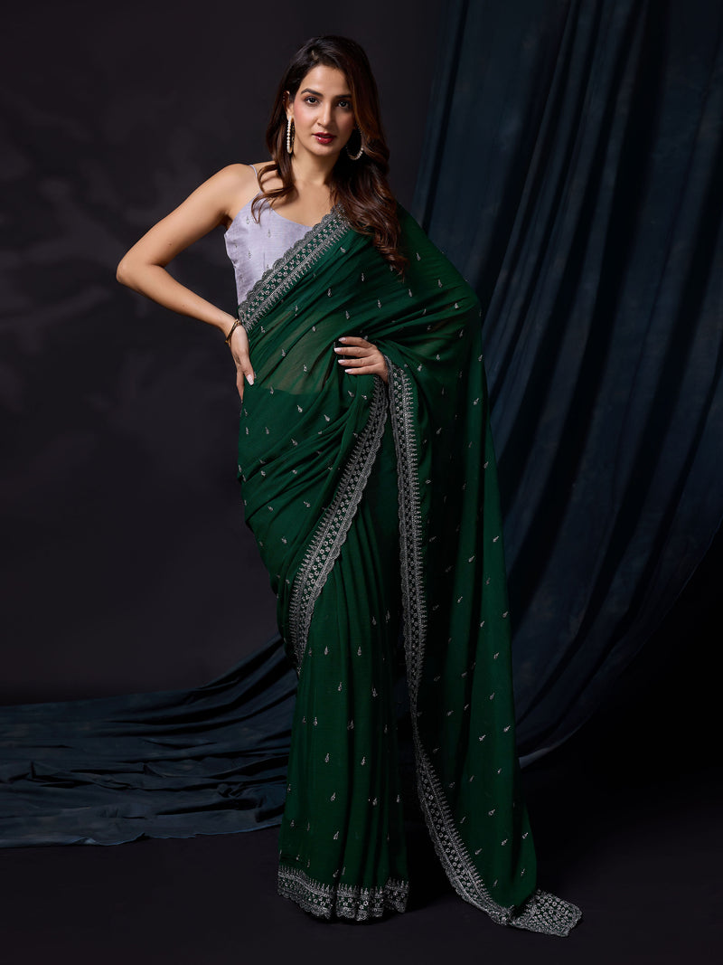 Women's Darkgreen Vichitra Silk Embroidery Work Saree with Unstitch Blouse Piece