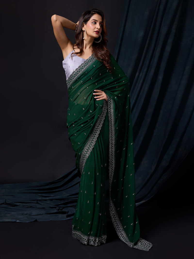 Women's Darkgreen Vichitra Silk Embroidery Work Saree with Unstitch Blouse Piece
