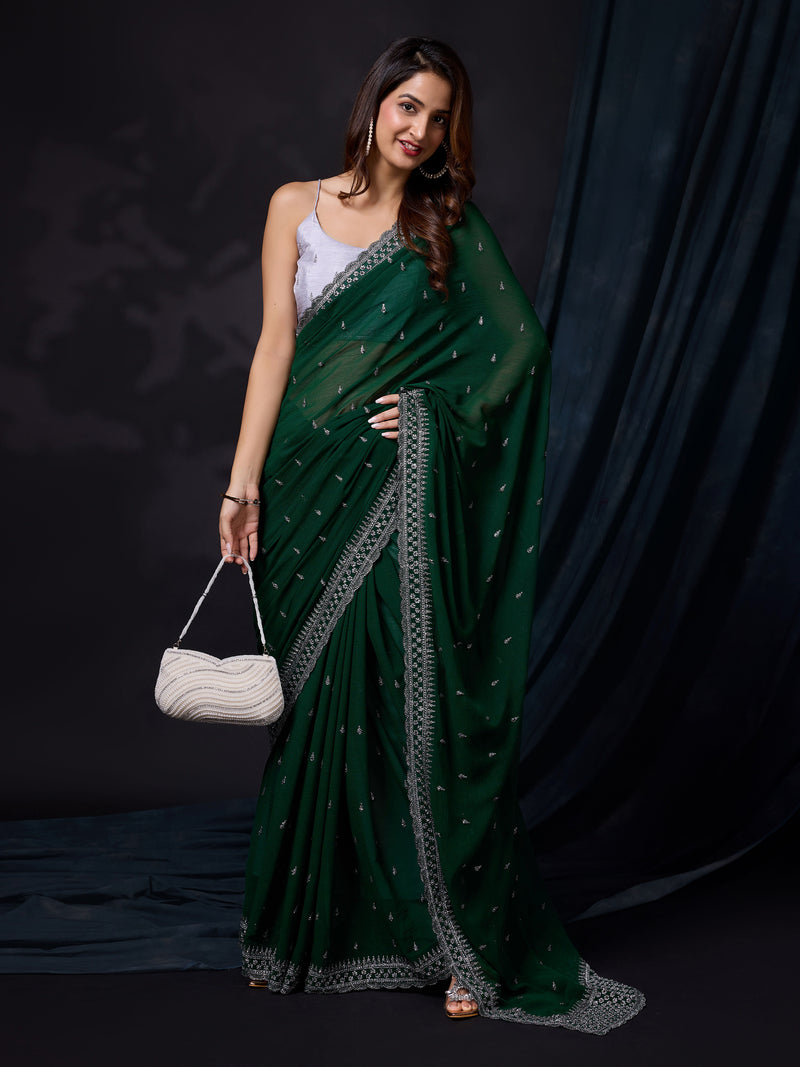 Women's Darkgreen Vichitra Silk Embroidery Work Saree with Unstitch Blouse Piece